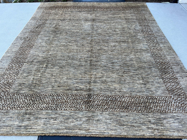 8x10 (245x305) Handmade Afghan Rug | Neutral Grey Brown | Wool Moroccan Hand Knotted Hand Woven Modern Contemporary Luxury Farmhouse Rustic