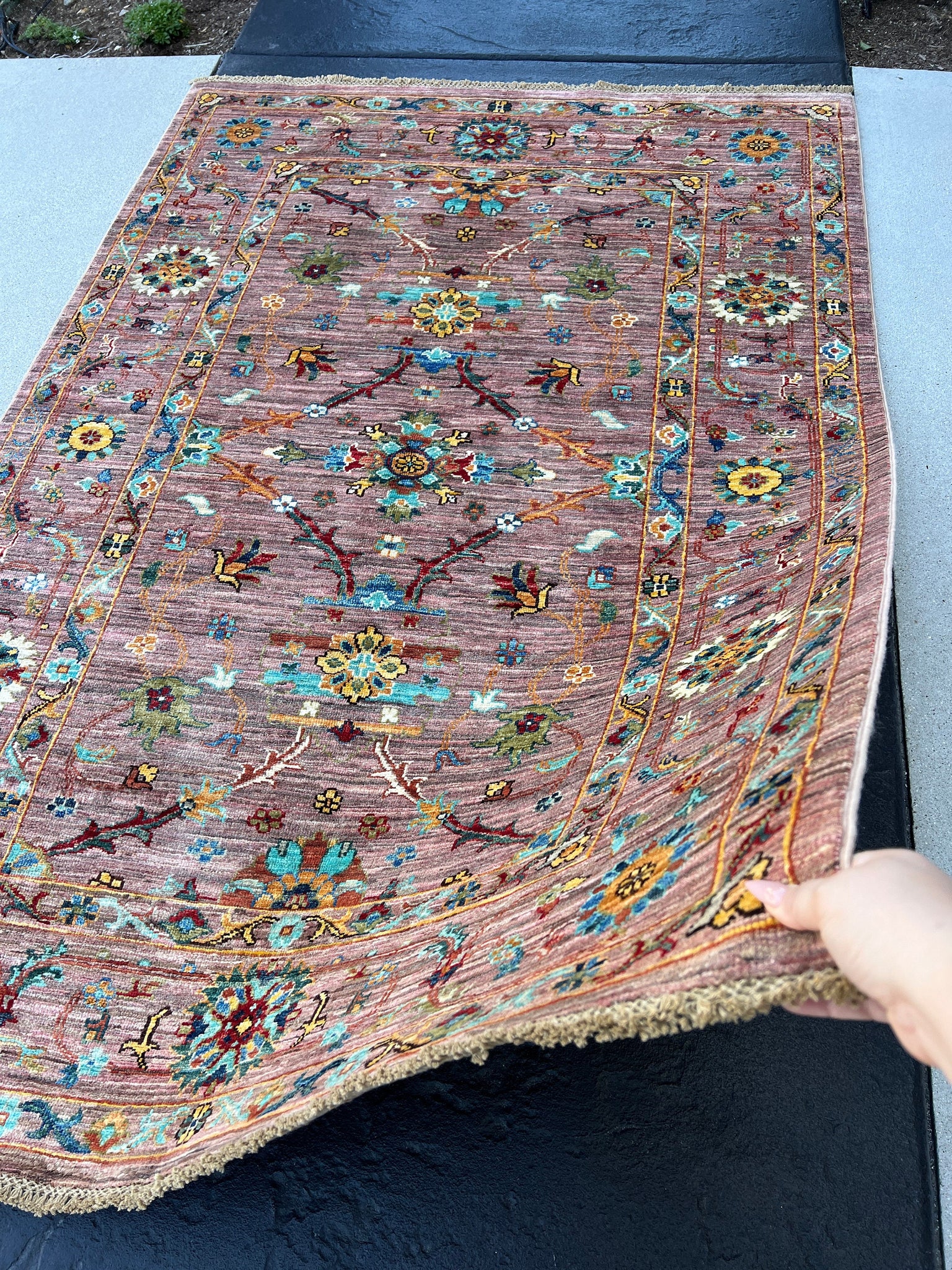 4x6 (120x185) Fair Trade Handmade Afghan Rug | Mauve Turquoise Caramel Gold Rust Brown Navy Blue Ivory | Wool Boho Bohemian Floral Knotted
