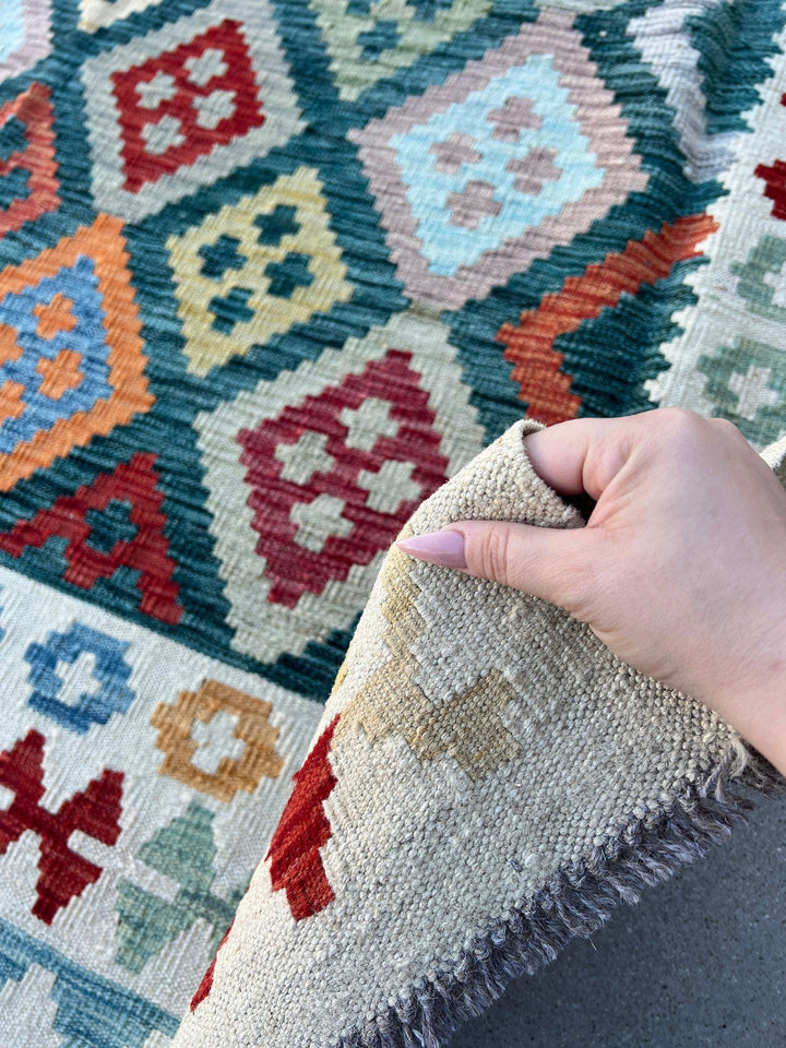 7x10 (215x305) Handmade Afghan Kilim Rug | Teal Olive Light Blue Grey Purple Rust Orange Garnet Red Taupe Orange Cream Beige Denim Blue Wool