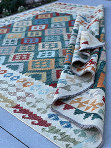7x10 (215x305) Handmade Afghan Kilim Rug | Teal Olive Light Blue Grey Purple Rust Orange Garnet Red Taupe Orange Cream Beige Denim Blue Wool