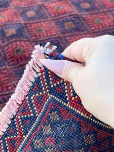 7x10 (215x305) Fair Trade Handmade Afghan Rug | Brick Red Navy Blue Moss Taupe Cream Beige | Hand Knotted Wool Bohemian Geometric