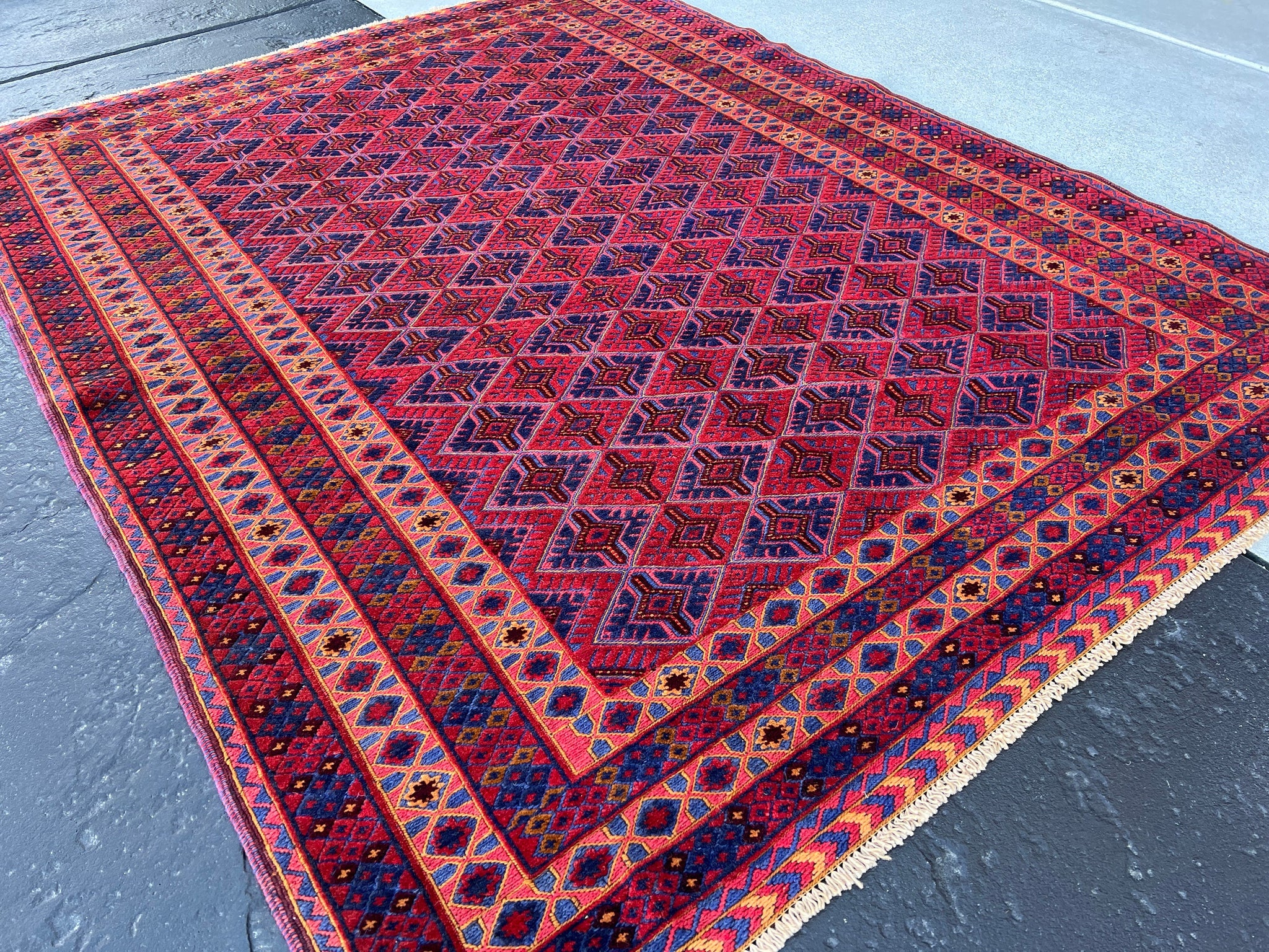 5x7 (150x215) Fair Trade Handmade Afghan Rug | Cherry Red Moss Green Black Taupe Crimson Red Midnight Blue | Hand Knotted Geometric Wool
