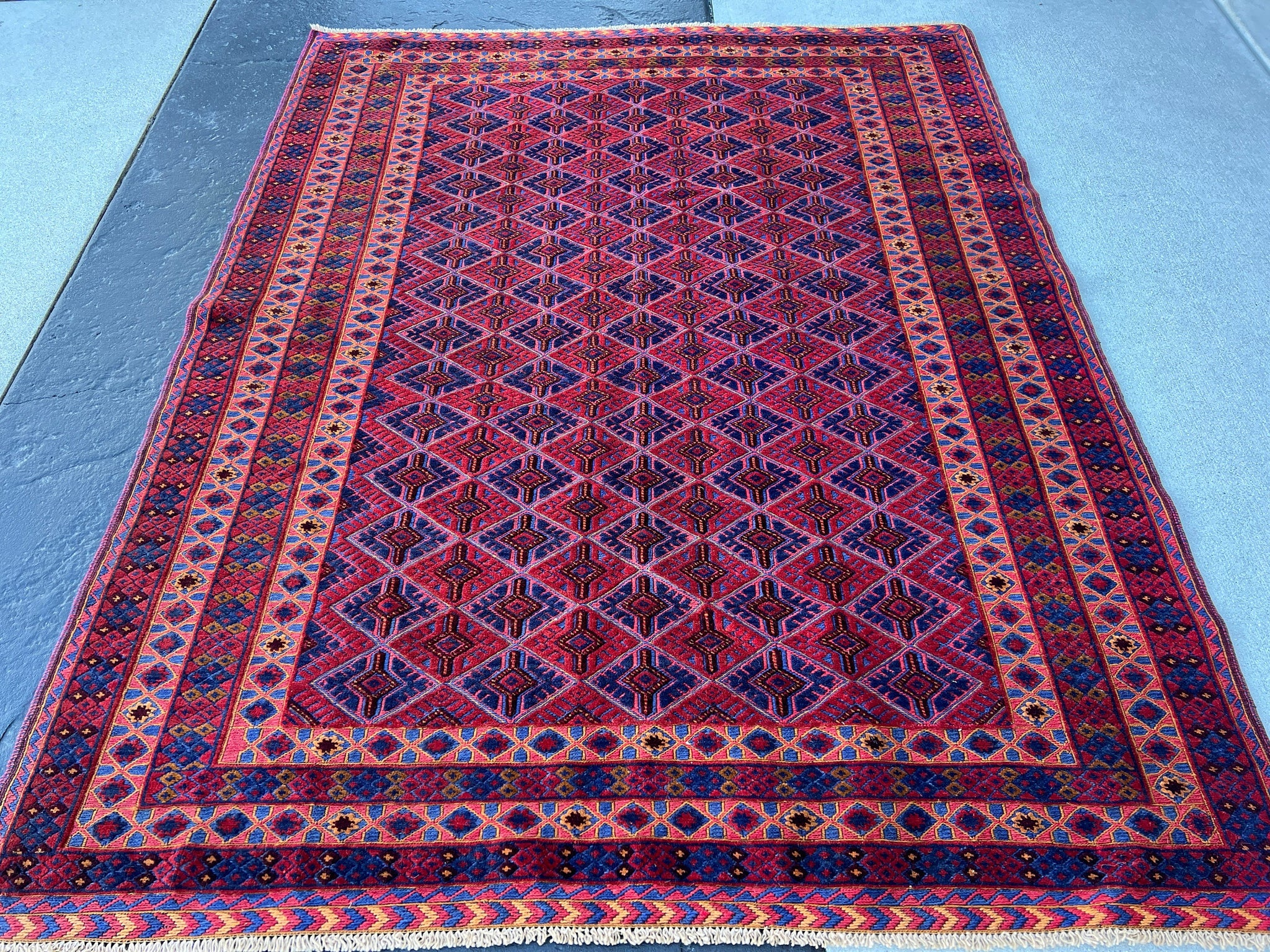 5x7 (150x215) Fair Trade Handmade Afghan Rug | Cherry Red Moss Green Black Taupe Crimson Red Midnight Blue | Hand Knotted Geometric Wool