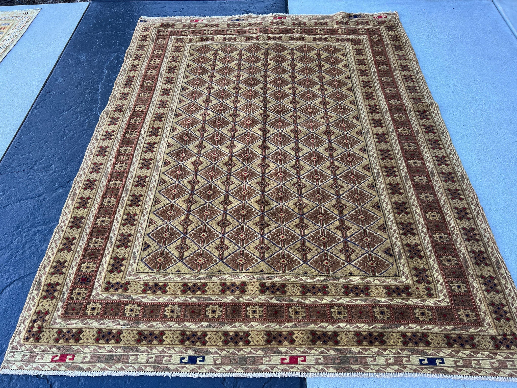 5x7 (150x215) Fair Trade Handmade Afghan Rug | Taupe Chocolate Cream Beige Crimson Red Midnight Blue Tan Cornsilk | Hand Knotted Geometric