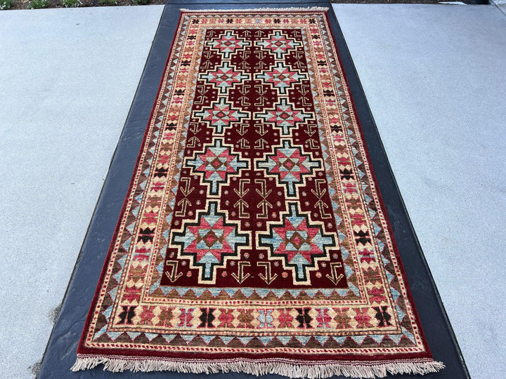 3x8~4x8 (120x245) Fair Trade Handmade Afghan Rug Runner | Maroon Denim Blue Red Chocolate Copper Brown Black Muted Orange | Persian Moroccan