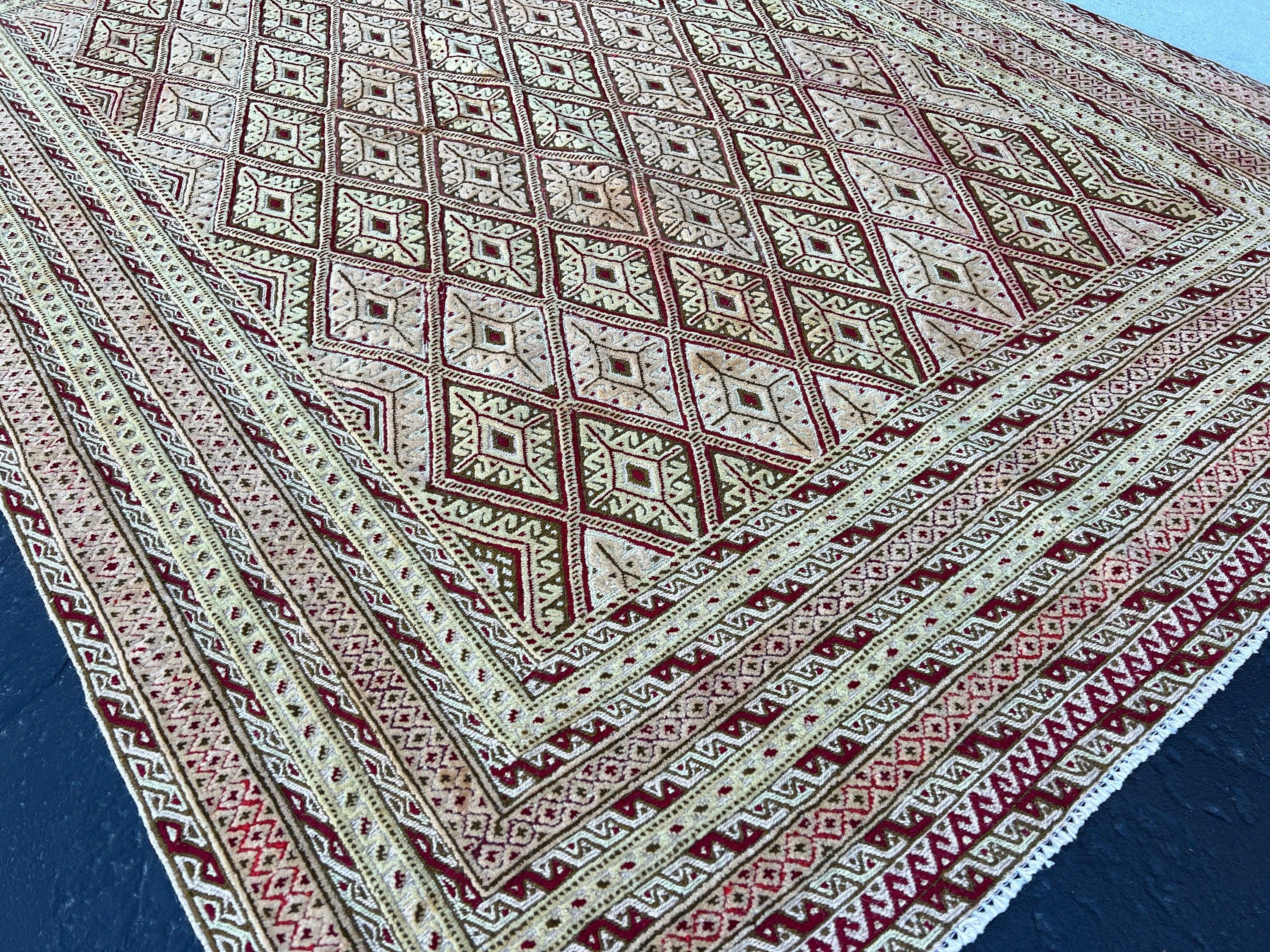 5x7 (150x215) Fair Trade Handmade Afghan Rug | Taupe Cream Beige Chocolate Crimson Red Moss Green Tan Cornsilk | Hand Knotted Geometric Wool