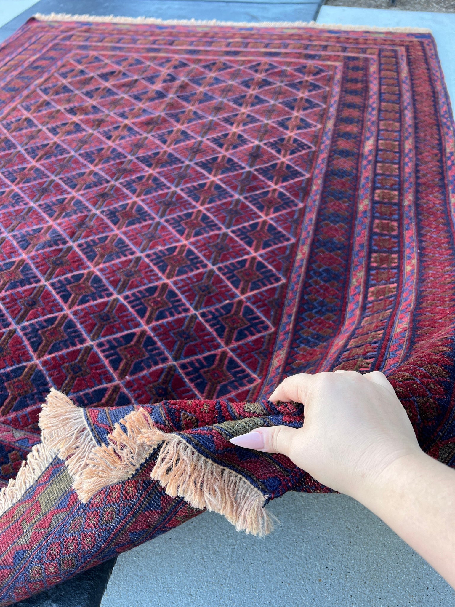 5x6 (150x180) Handmade Afghan Rug | Navy Blue Brick Red Taupe Chocolate Moss Green | Hand Knotted Geometric Turkish Oriental Bohemian Wool
