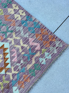 7x10 (215x305) Handmade Afghan Kilim Rug | Purple Olive Teal Rust Orange Denim Blue Taupe Blush Pink Grey Chocolate Sky Blue Geometric Wool