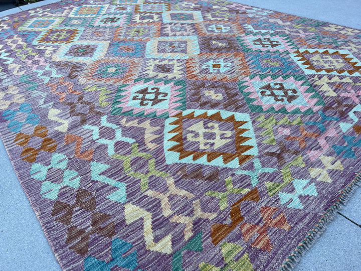 7x10 (215x305) Handmade Afghan Kilim Rug | Purple Olive Teal Rust Orange Denim Blue Taupe Blush Pink Grey Chocolate Sky Blue Geometric Wool