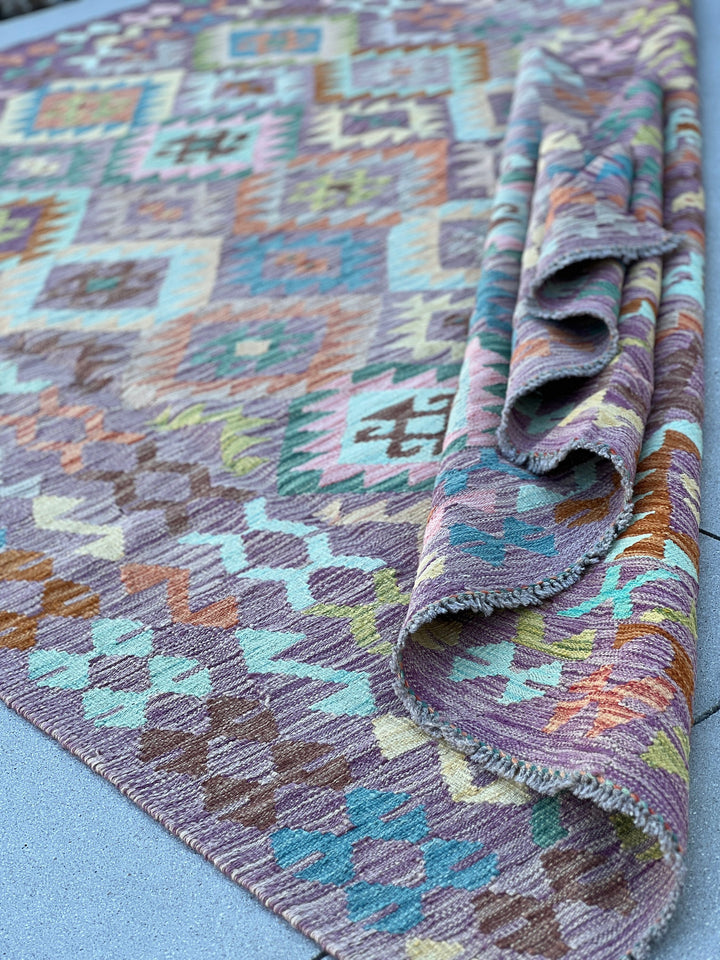 7x10 (215x305) Handmade Afghan Kilim Rug | Purple Olive Teal Rust Orange Denim Blue Taupe Blush Pink Grey Chocolate Sky Blue Geometric Wool