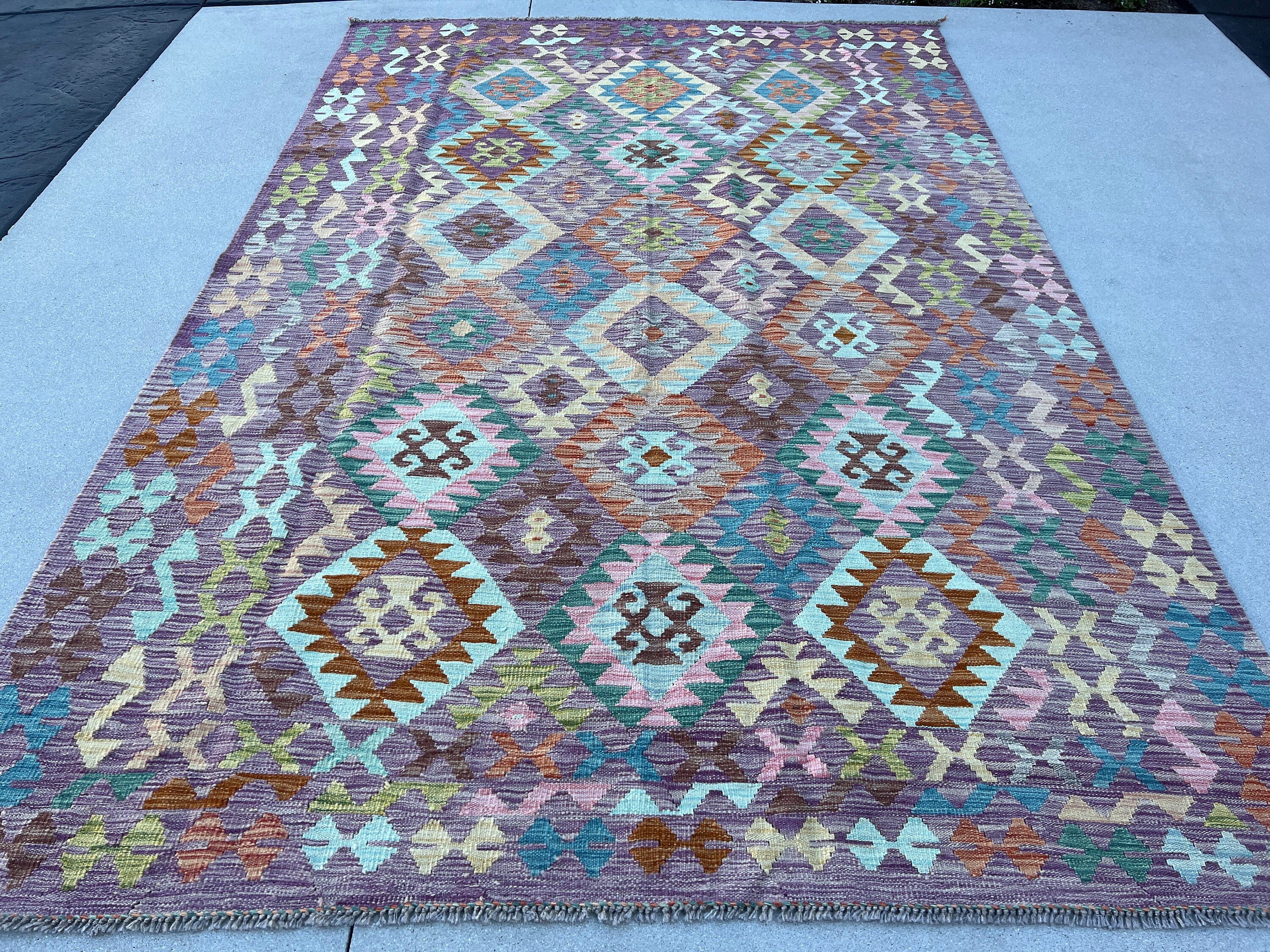 7x10 (215x305) Handmade Afghan Kilim Rug | Purple Olive Teal Rust Orange Denim Blue Taupe Blush Pink Grey Chocolate Sky Blue Geometric Wool