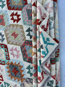 7x10 (215x305) Handmade Afghan Kilim Rug | Teal Olive Light Blue Grey Blush Pink Rust Orange Garnet Red Taupe Cream Beige Denim Blue | Wool