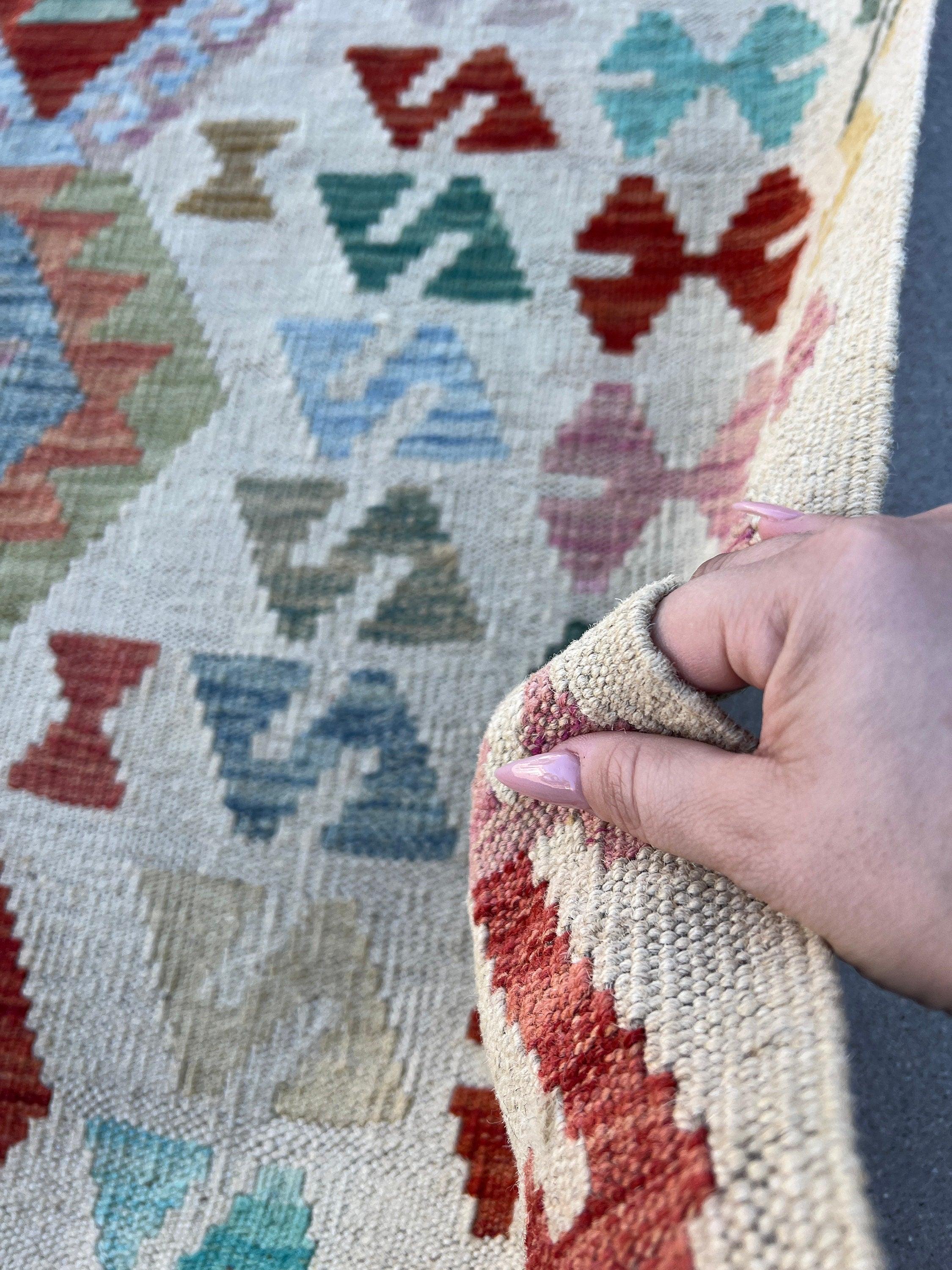 7x10 (215x305) Handmade Afghan Kilim Rug | Teal Olive Light Blue Grey Blush Pink Rust Orange Garnet Red Taupe Cream Beige Denim Blue | Wool