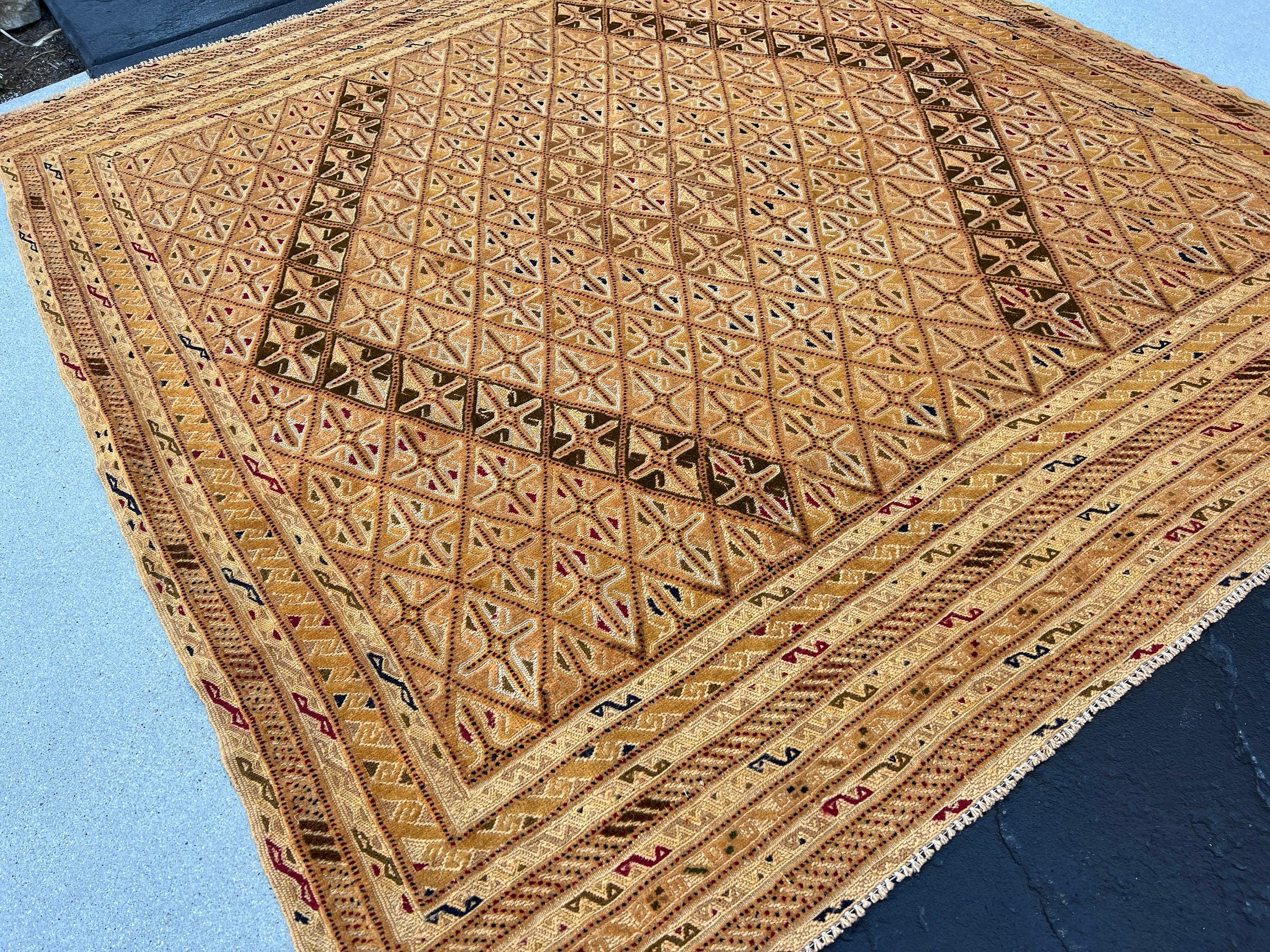 5x6 (150x215) Handmade Afghan Rug | Taupe Cream Beige Crimson Red Black Ivory Moss Green Light Brown Hand Knotted Geometric Wool