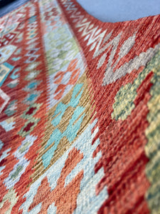 7x10 (215x305) Handmade Afghan Kilim Rug | Olive Burnt Orange Taupe Chocolate Teal Turquoise Sky Blue Tan Cream Beige Grey Moss | Geometric