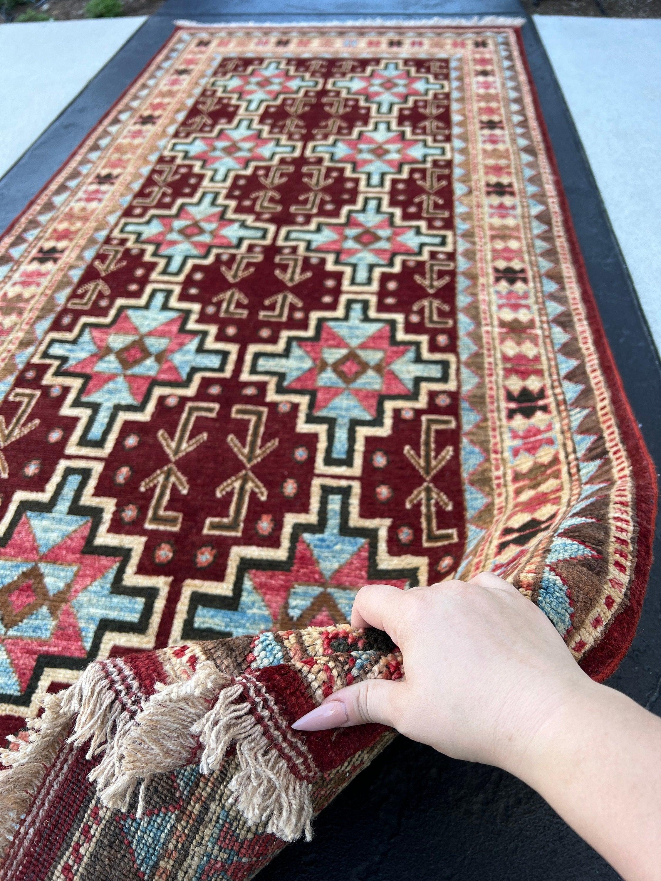 3x8~4x8 (120x245) Fair Trade Handmade Afghan Rug Runner | Maroon Denim Blue Red Chocolate Copper Brown Black Muted Orange | Persian Moroccan