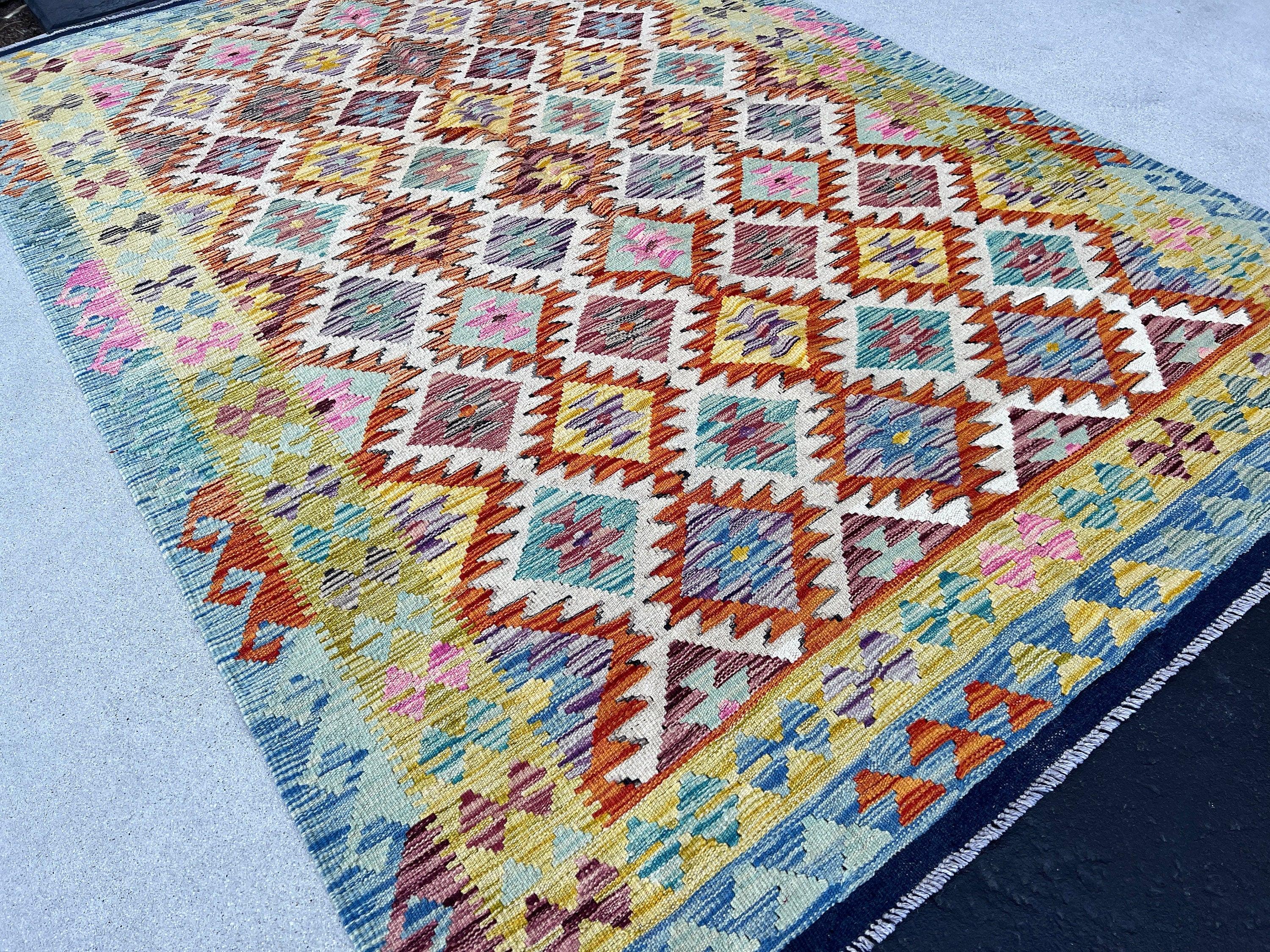 6x9 Handmade Afghan Kilim Rug | Pastel Purple Olive Teal Turquoise Charcoal Burnt Orange Rose Pink Garnet Red Sky Blue Hand Knotted Wool