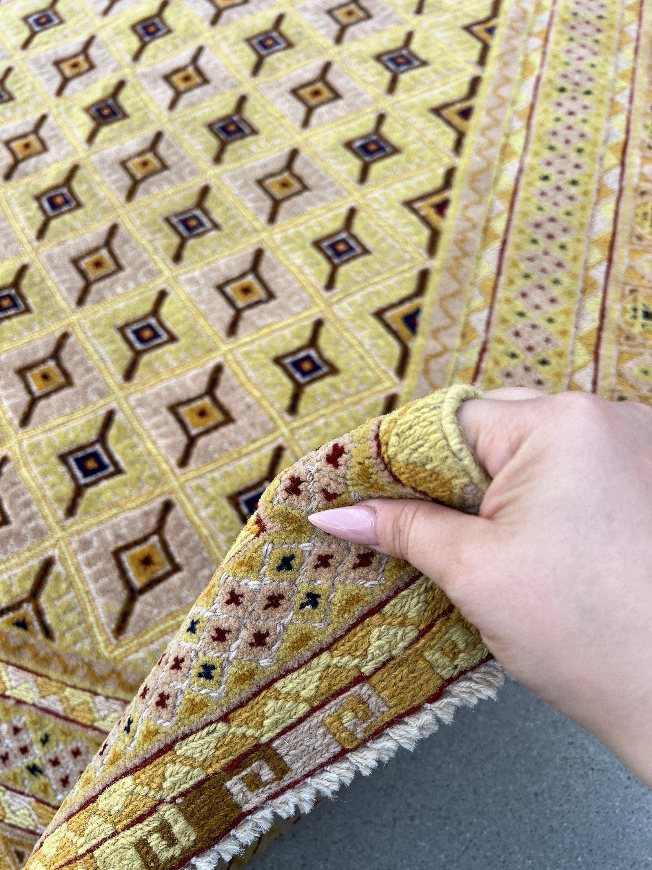 5x6 (150x180) Handmade Afghan Rug | Yellow Cornsilk Mustard Taupe Cream Beige Caramel Brown Red Black | Hand Knotted Geometric Turkish Wool