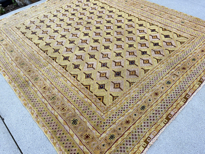 5x6 (150x180) Handmade Afghan Rug | Yellow Cornsilk Mustard Taupe Cream Beige Caramel Brown Red Black | Hand Knotted Geometric Turkish Wool