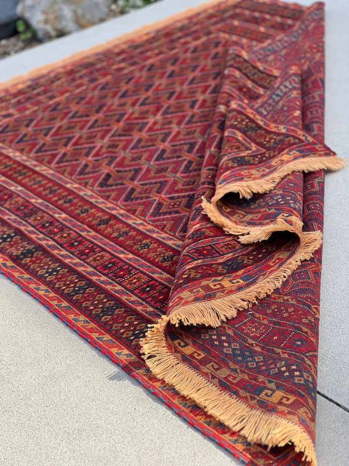 5x7 (150x215) Fair Trade Handmade Afghan Rug | Cherry Red Black Taupe Orange Crimson Red Midnight Blue | Hand Knotted Geometric Turkish Wool