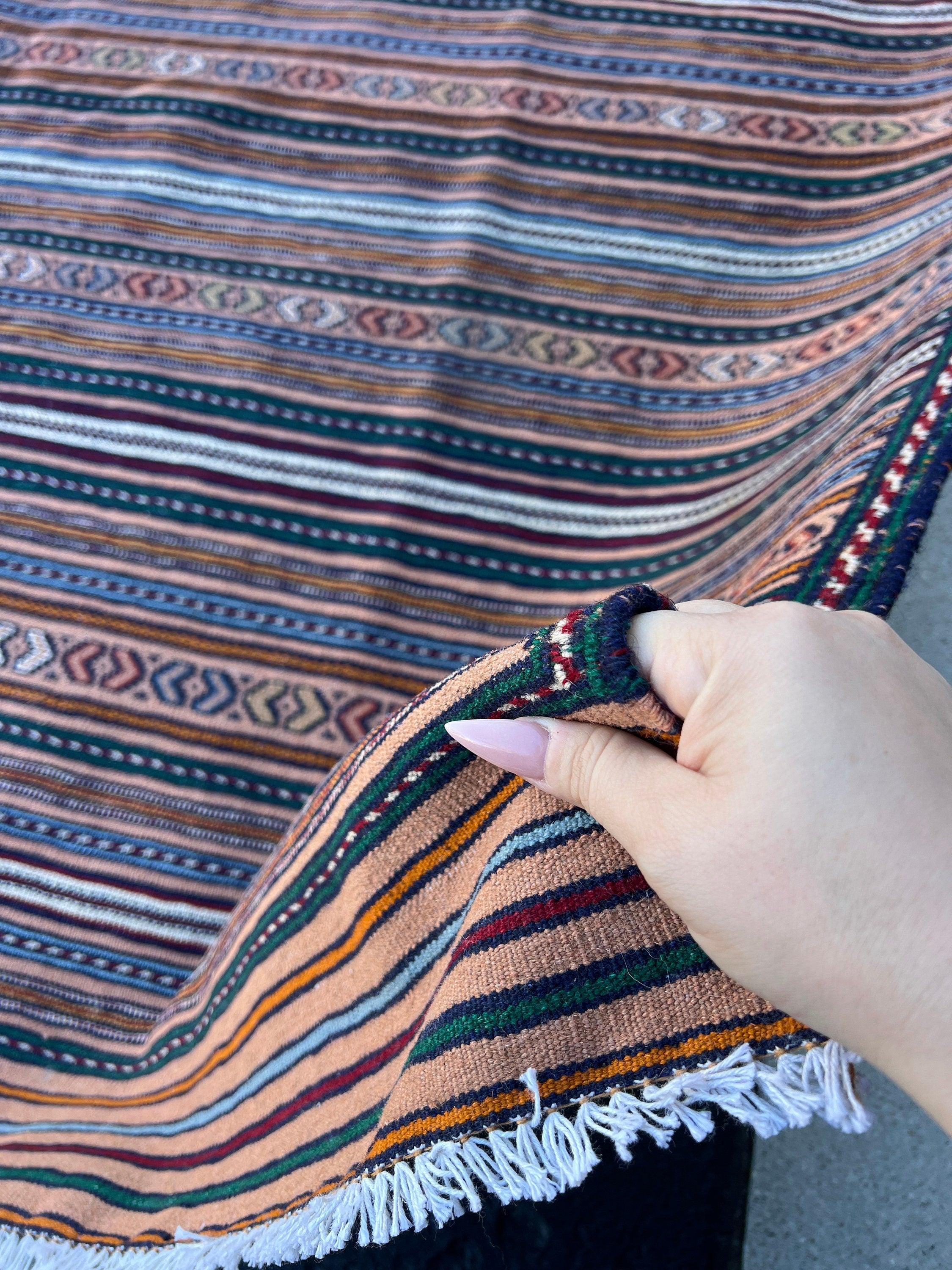 5x6 (150x215) Handmade Afghan Kilim Rug | Taupe Mocha Brown Red Sky Blue Pine Green Orange Ivory Coral | Hand Knotted Geometric Wool