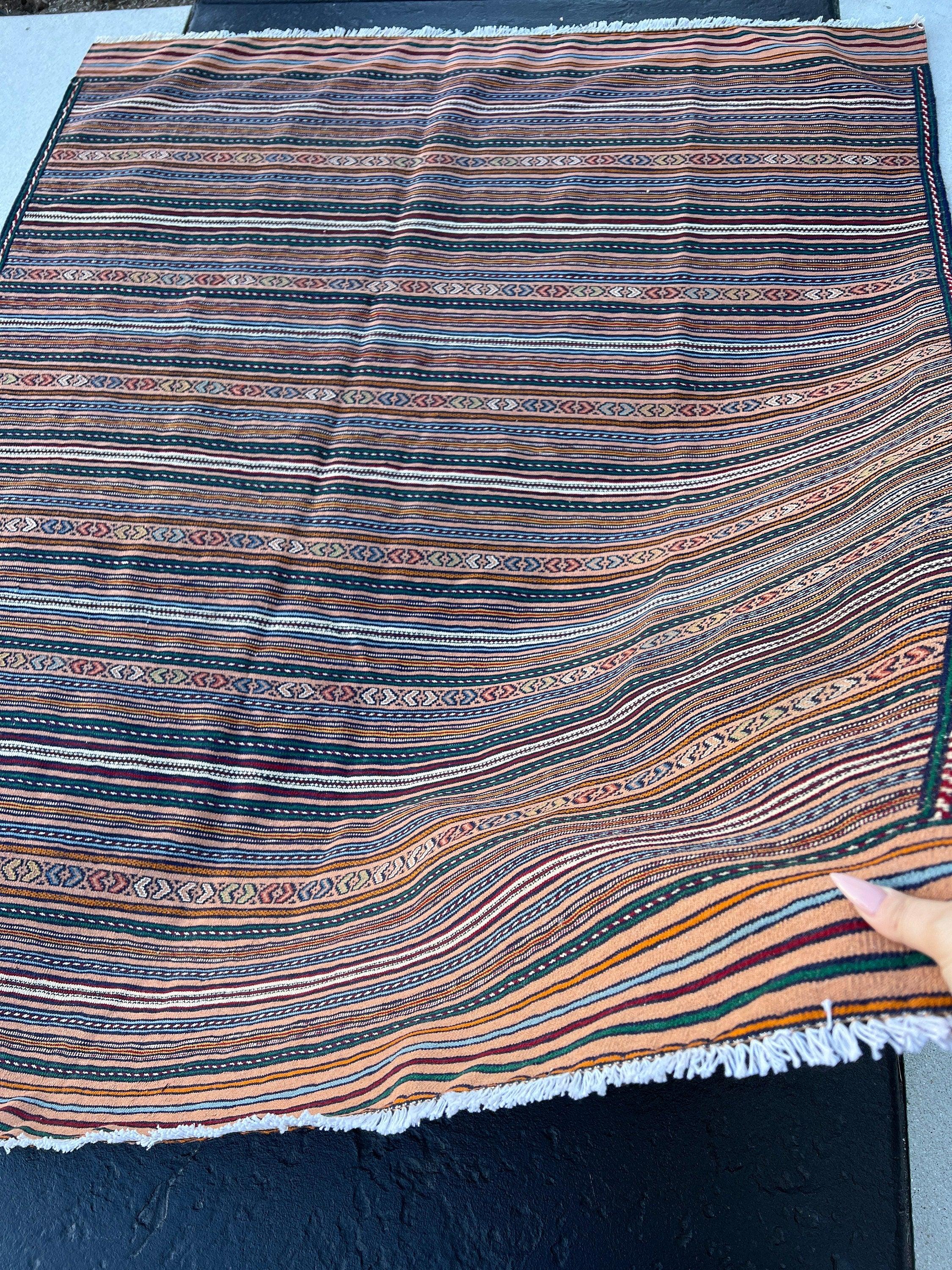 5x6 (150x215) Handmade Afghan Kilim Rug | Taupe Mocha Brown Red Sky Blue Pine Green Orange Ivory Coral | Hand Knotted Geometric Wool