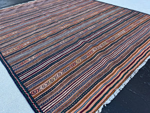 5x6 (150x215) Handmade Afghan Kilim Rug | Taupe Mocha Brown Red Sky Blue Pine Green Orange Ivory Coral | Hand Knotted Geometric Wool
