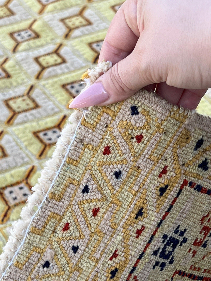 5x6 (150x180) Handmade Afghan Rug | Taupe Yellow Cornsilk Cream Beige Muted Brown Red Blue | Hand Knotted Geometric Turkish Wool