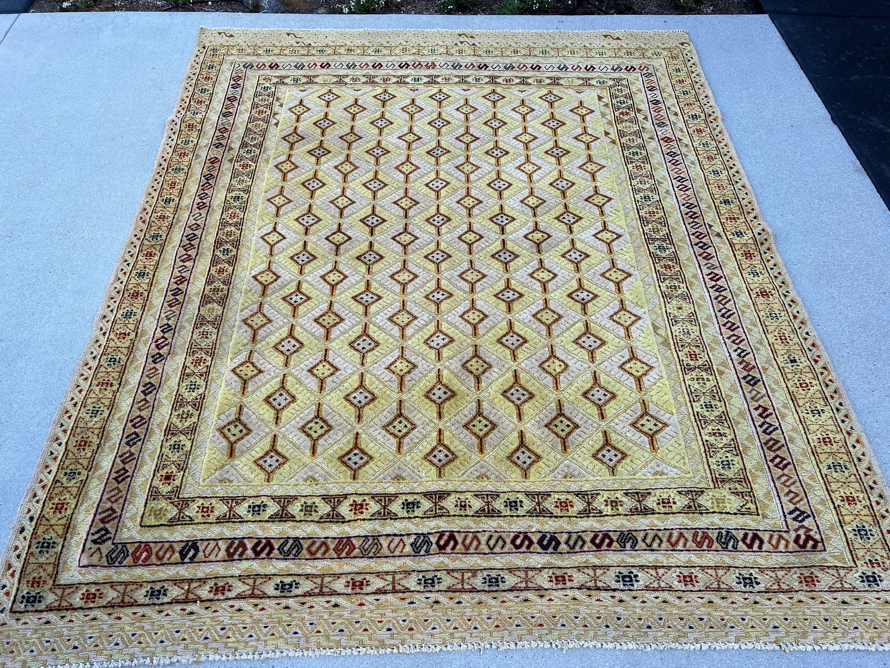 5x6 (150x180) Handmade Afghan Rug | Taupe Yellow Cornsilk Cream Beige Muted Brown Red Blue | Hand Knotted Geometric Turkish Wool