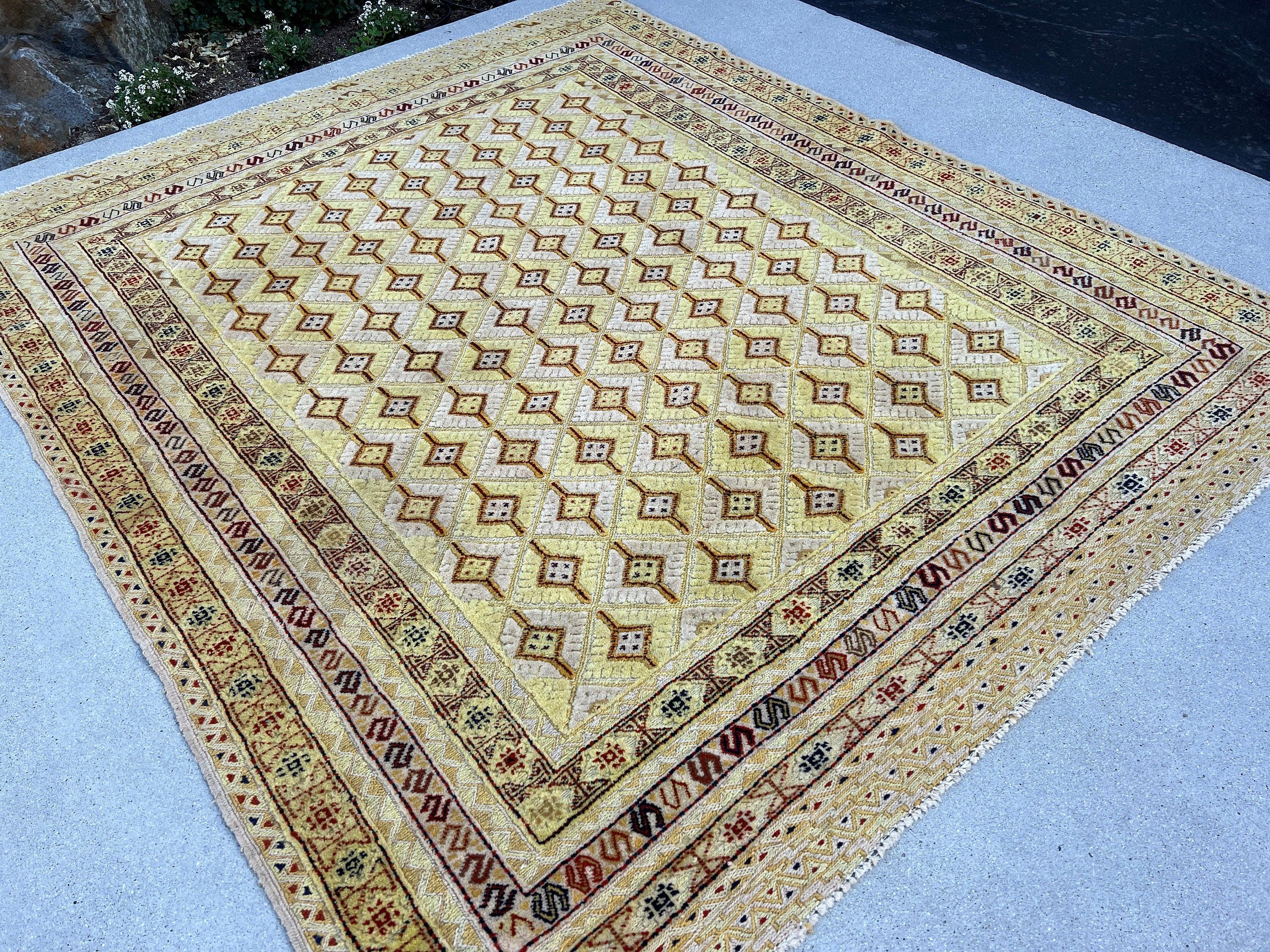 5x6 (150x180) Handmade Afghan Rug | Taupe Yellow Cornsilk Cream Beige Muted Brown Red Blue | Hand Knotted Geometric Turkish Wool