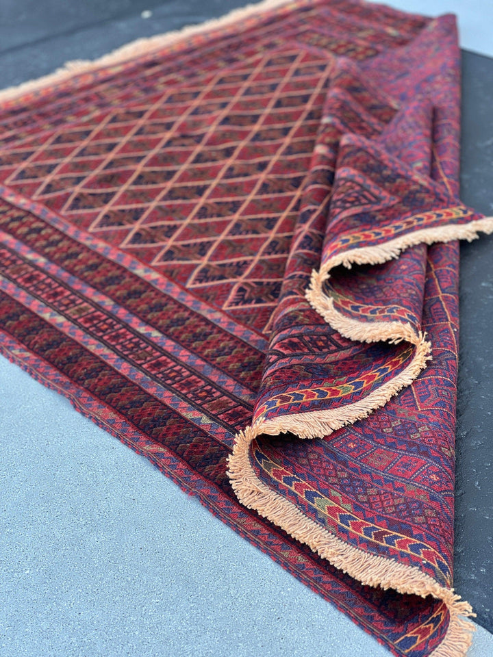 5x6 (150x180) Handmade Afghan Rug | Garnet Red Midnight Blue Olive Green Orange Wine Red Brown | Hand Knotted Geometric Turkish Wool