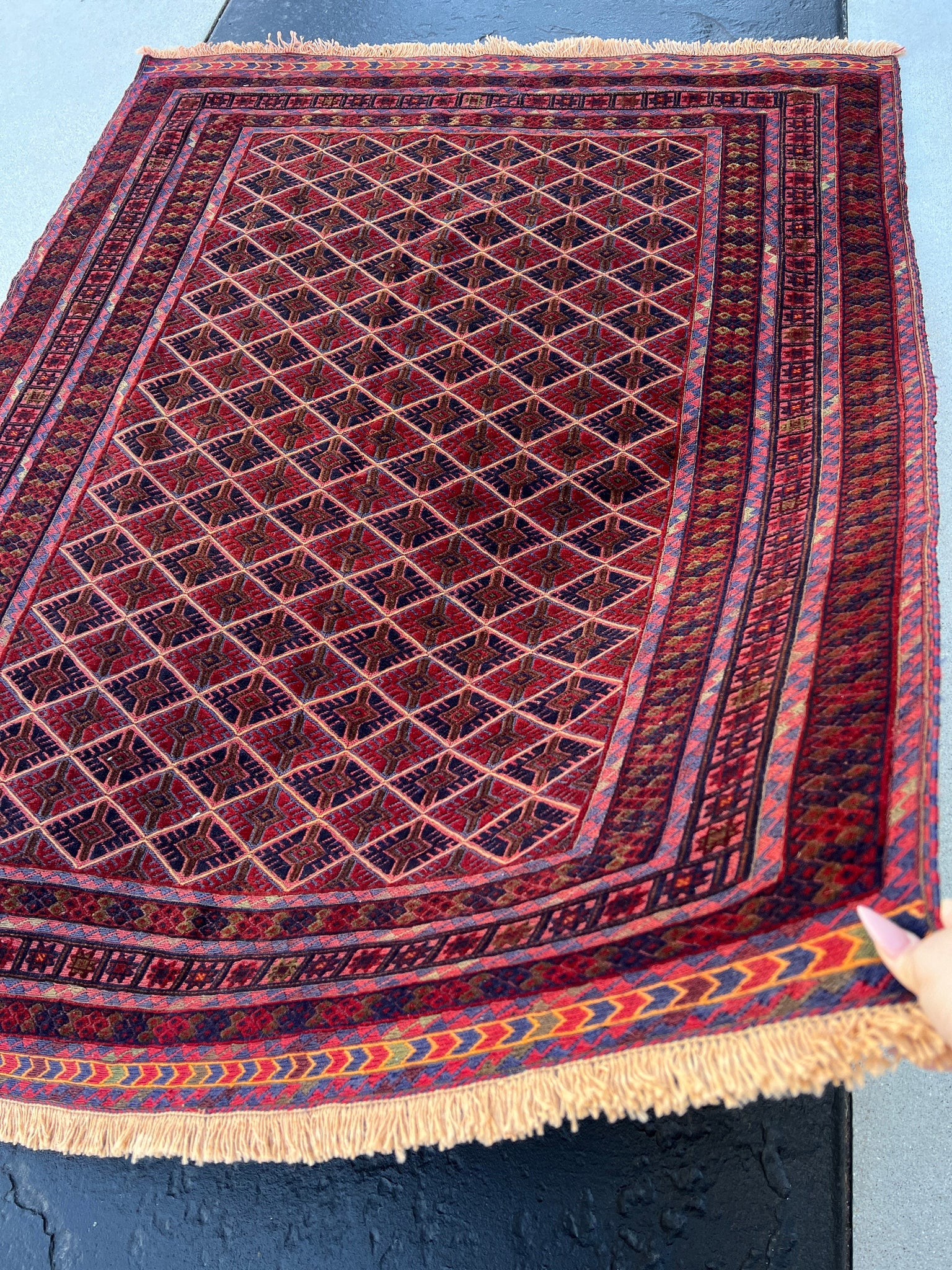 5x6 (150x180) Handmade Afghan Rug | Garnet Red Midnight Blue Olive Green Orange Wine Red Brown | Hand Knotted Geometric Turkish Wool