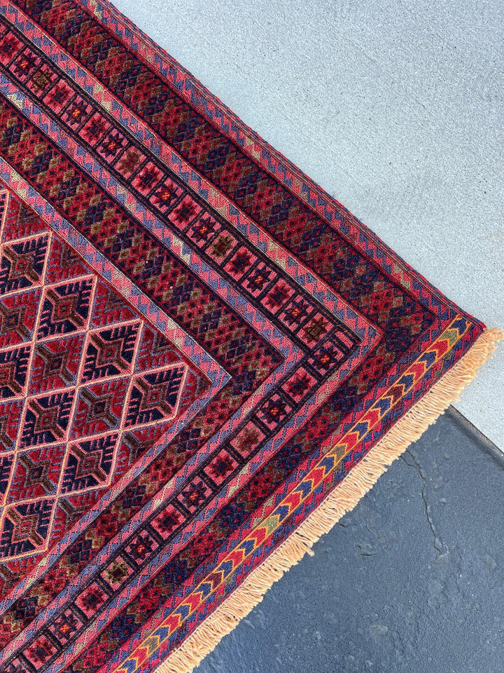 5x6 (150x180) Handmade Afghan Rug | Garnet Red Midnight Blue Olive Green Orange Wine Red Brown | Hand Knotted Geometric Turkish Wool