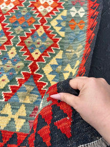 3x10 (90x305) Fair Trade Handmade Afghan Kilim Runner Rug | Teal Olive Burnt Orange Ivory Moss Green Purple Black Orange | Geometric Wool