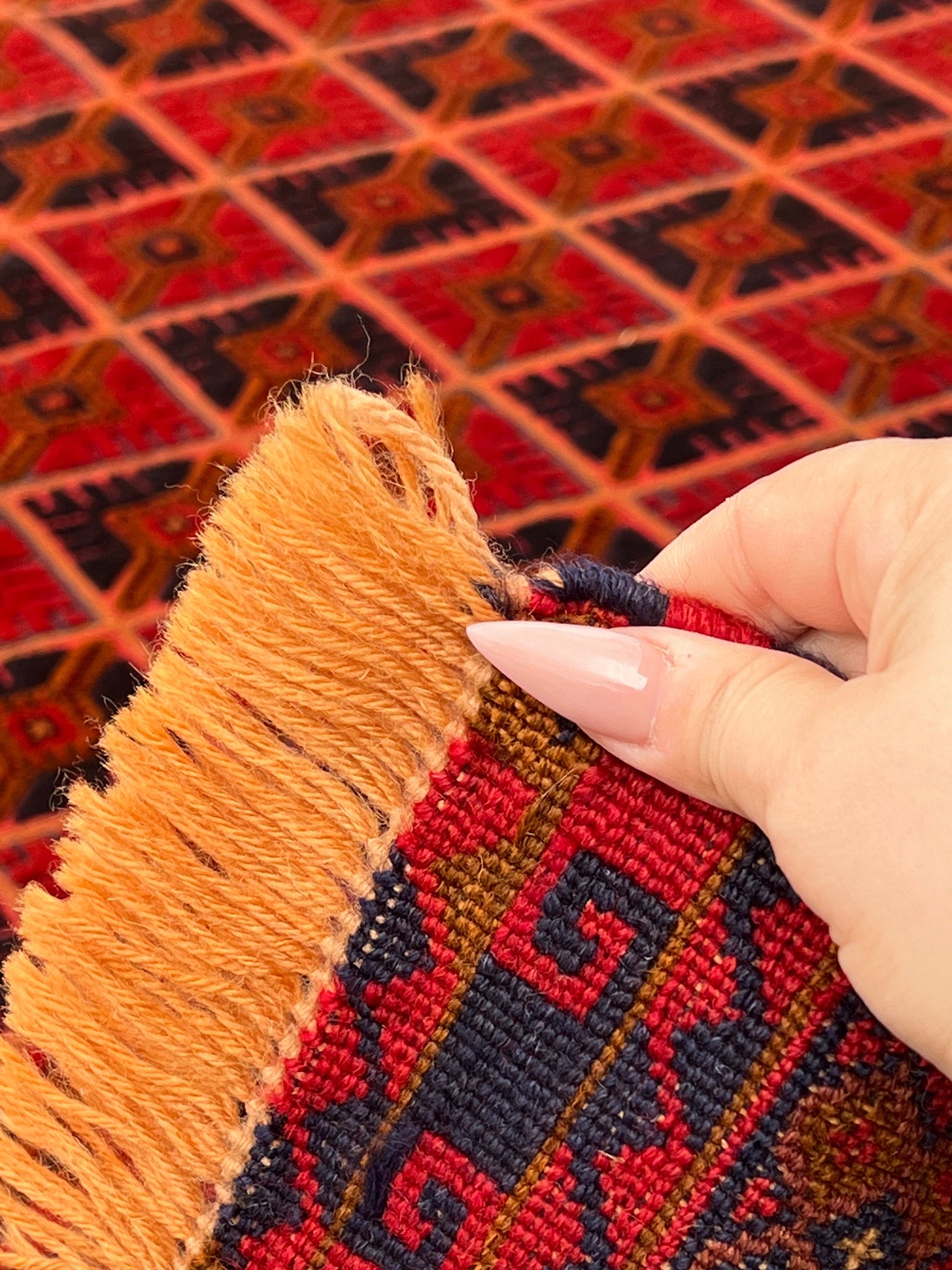 5x7 (150x215) Fair Trade Handmade Afghan Rug | Cherry Red Orange Black Taupe Crimson Red Midnight Blue | Hand Knotted Geometric Turkish Wool