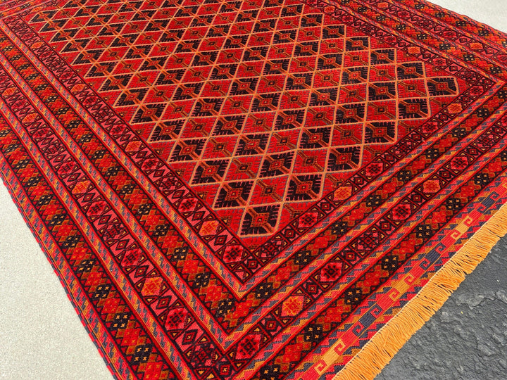 5x7 (150x215) Fair Trade Handmade Afghan Rug | Cherry Red Orange Black Taupe Crimson Red Midnight Blue | Hand Knotted Geometric Turkish Wool