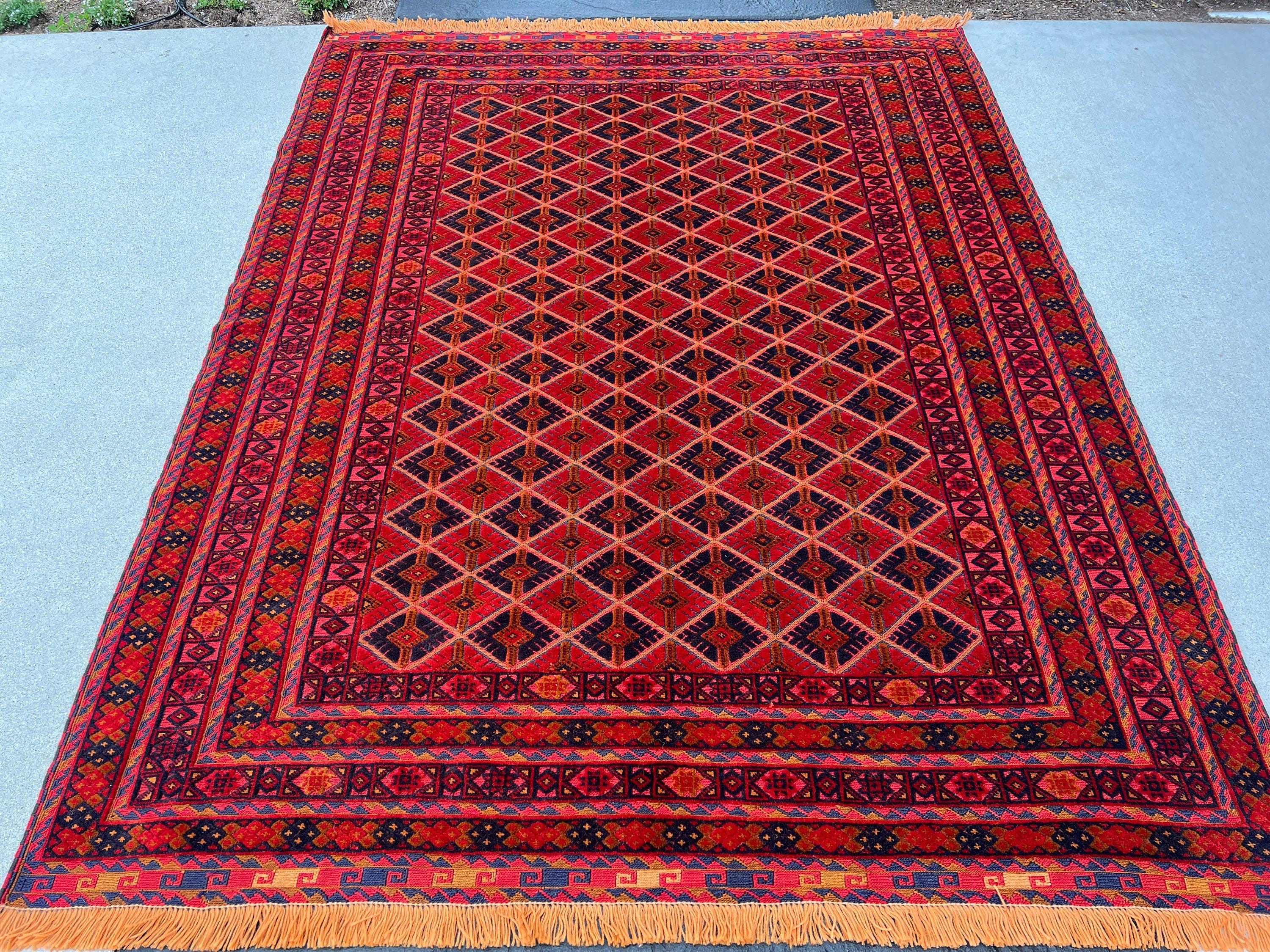 5x7 (150x215) Fair Trade Handmade Afghan Rug | Cherry Red Orange Black Taupe Crimson Red Midnight Blue | Hand Knotted Geometric Turkish Wool