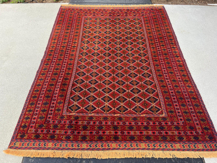 5x7 (150x215) Handmade Afghan Rug | Cherry Red Black Taupe Orange Crimson Red Midnight Blue | Hand Knotted Geometric Turkish Wool