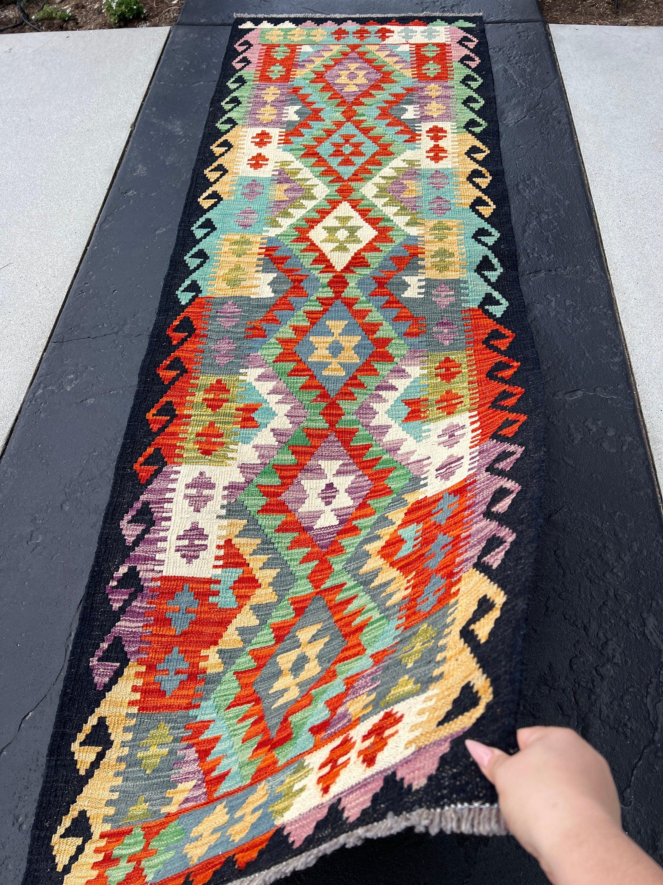 3x8 - 3x9 Handmade Afghan Kilim Runner Rug | Purple Olive Taupe Turquoise Burnt Orange Ivory Black Blue | Bohemian Geometric Wool