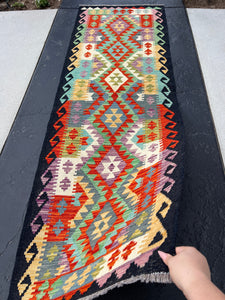 3x8 - 3x9 Handmade Afghan Kilim Runner Rug | Purple Olive Taupe Turquoise Burnt Orange Ivory Black Blue | Bohemian Geometric Wool