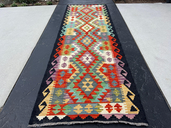 3x8 - 3x9 Handmade Afghan Kilim Runner Rug | Purple Olive Taupe Turquoise Burnt Orange Ivory Black Blue | Bohemian Geometric Wool