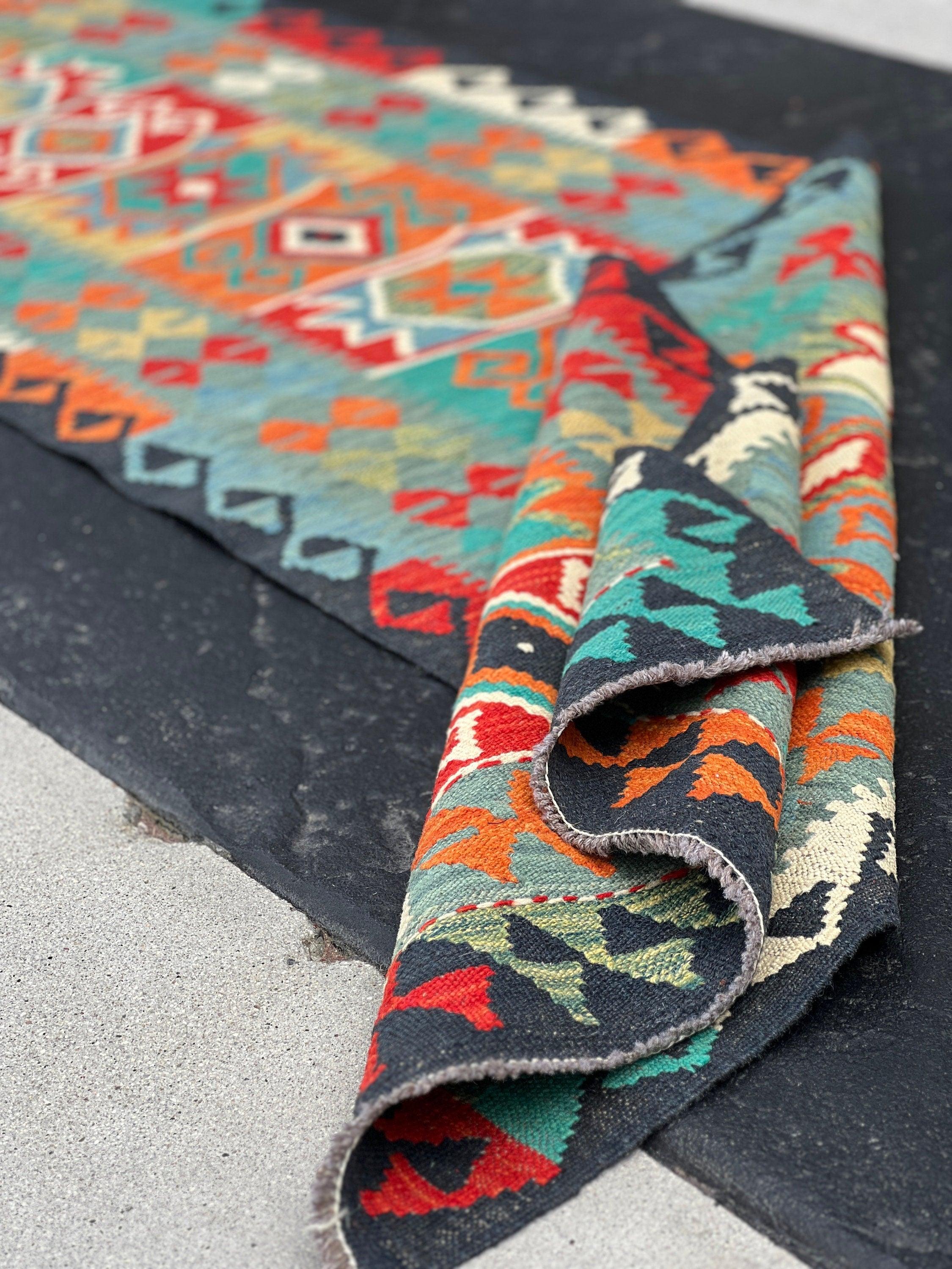 2x10~3x10 (90x335) Handmade Afghan Kilim Runner Rug | Teal Olive Burnt Orange Turquoise Denim Blue Brick Red Mint Green Ivory Geometric Wool