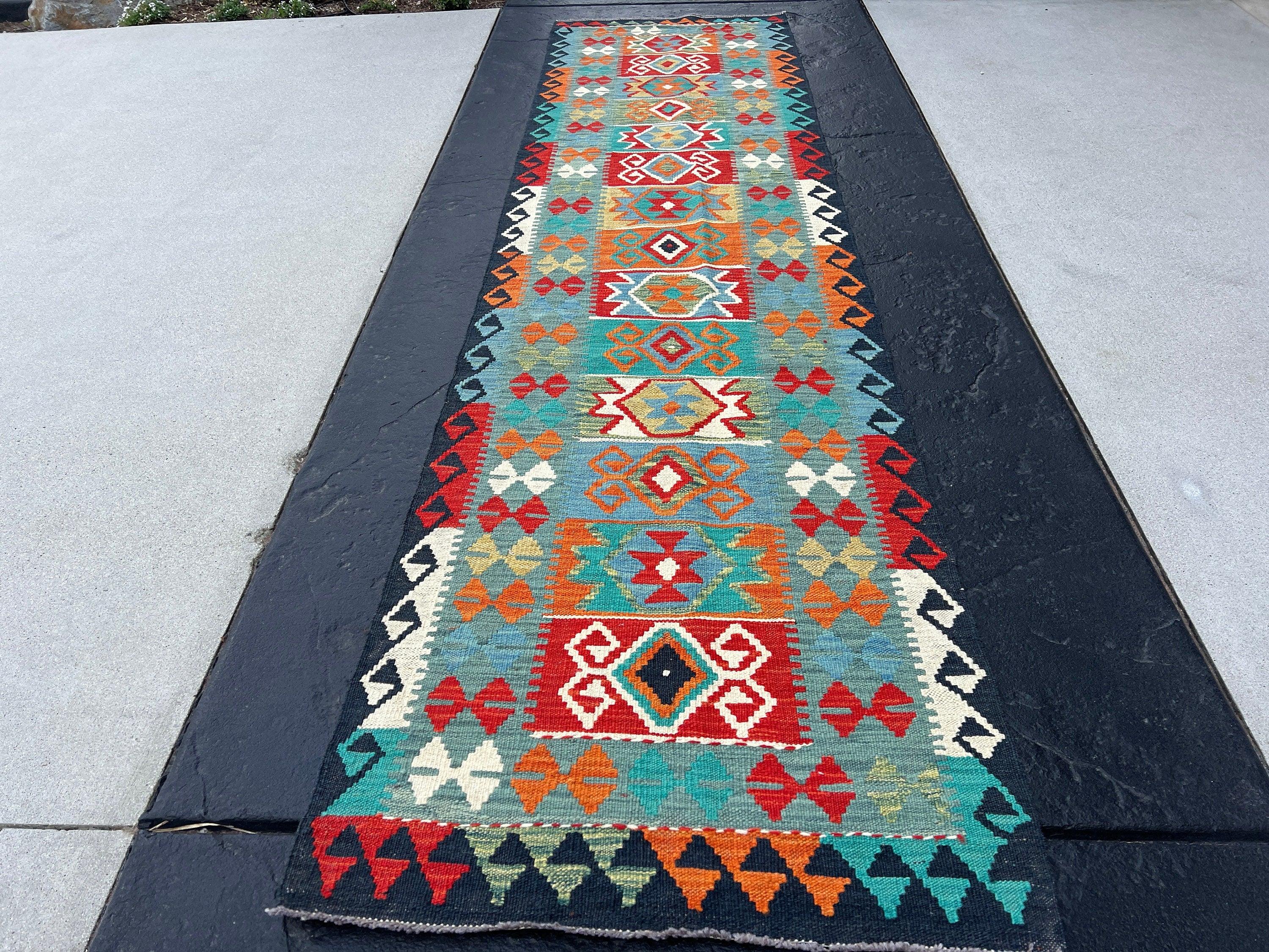 2x10~3x10 (90x335) Handmade Afghan Kilim Runner Rug | Teal Olive Burnt Orange Turquoise Denim Blue Brick Red Mint Green Ivory Geometric Wool