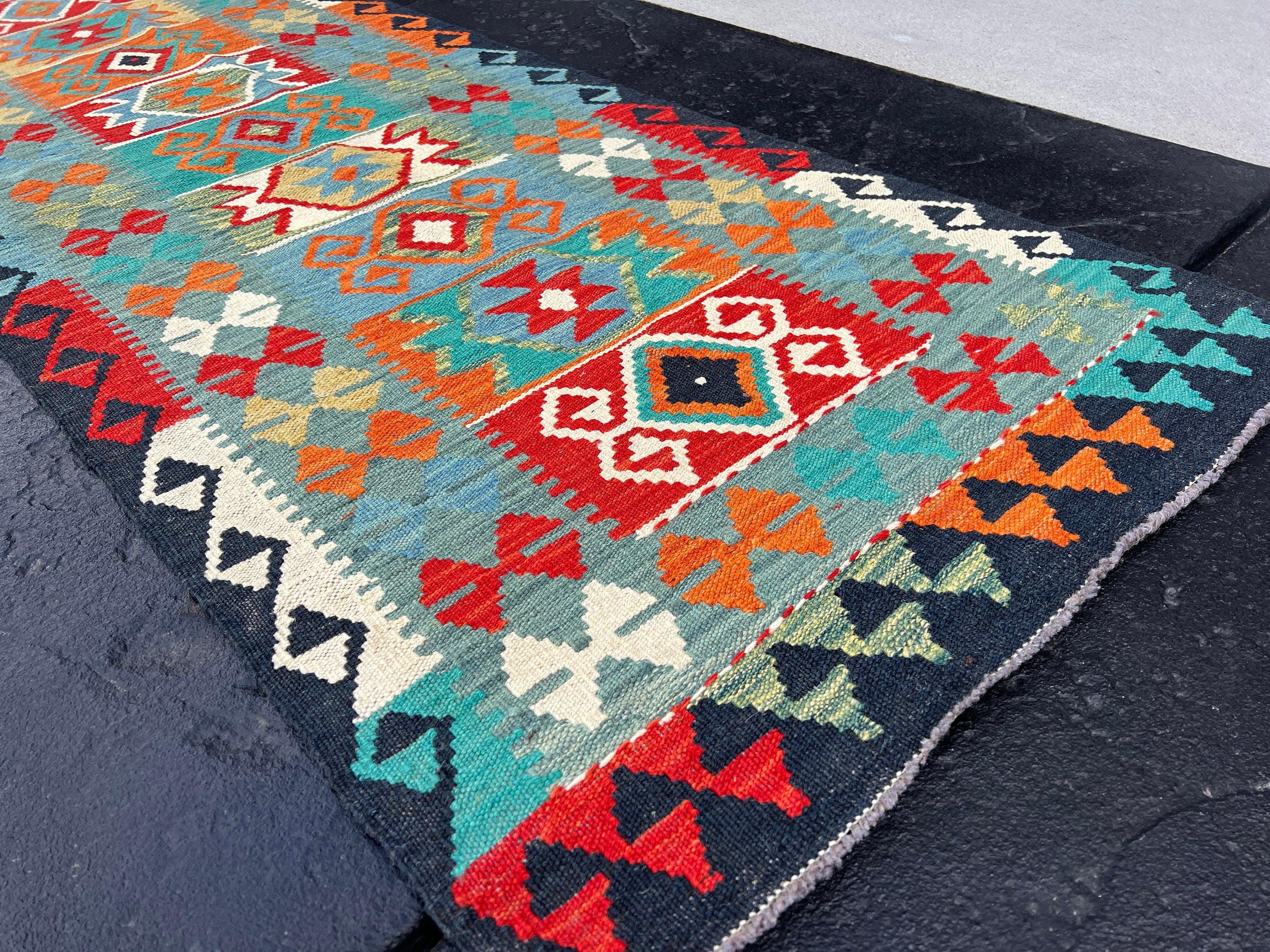 2x10~3x10 (90x335) Handmade Afghan Kilim Runner Rug | Teal Olive Burnt Orange Turquoise Denim Blue Brick Red Mint Green Ivory Geometric Wool