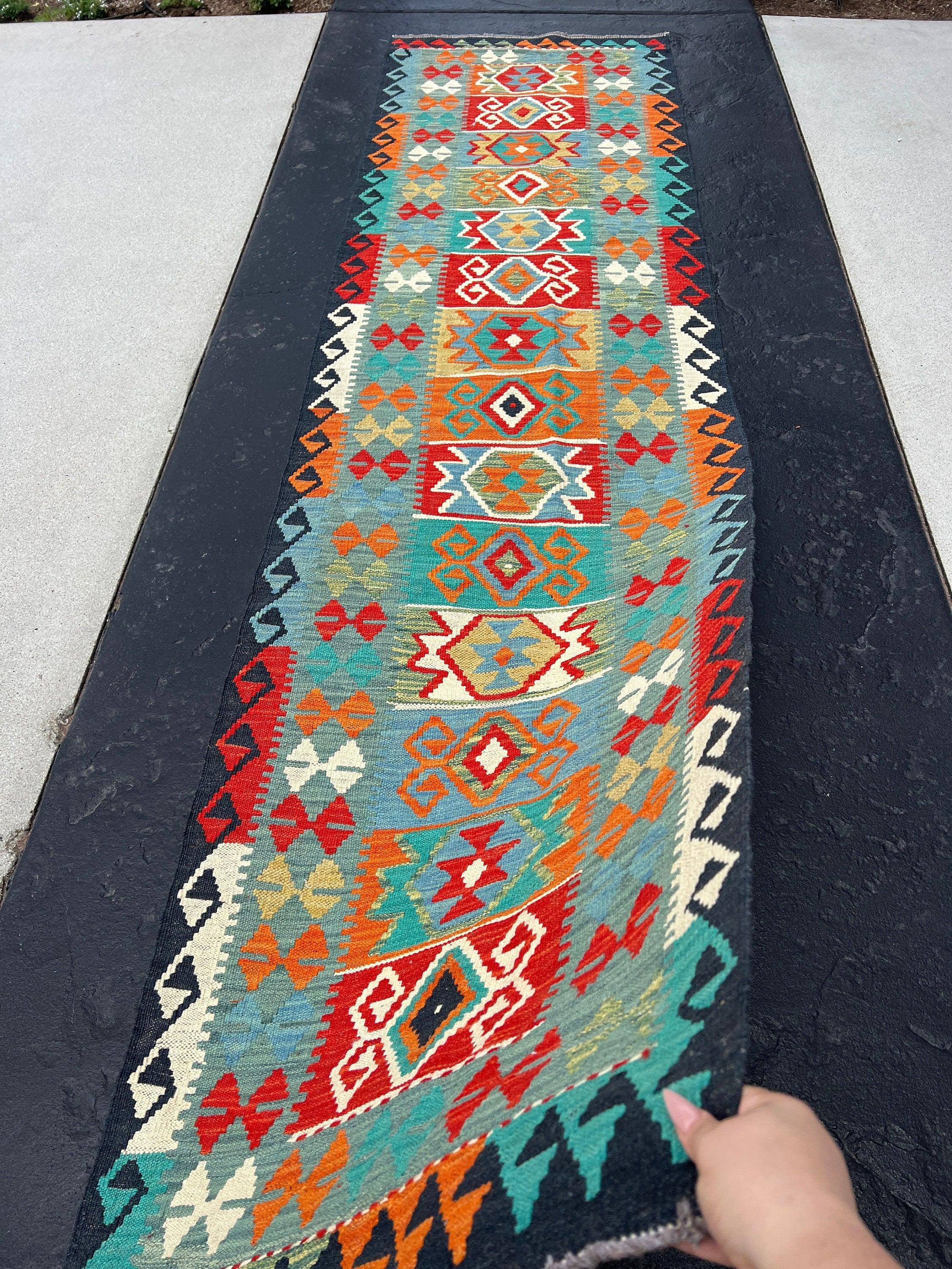 2x10~3x10 (90x335) Handmade Afghan Kilim Runner Rug | Teal Olive Burnt Orange Turquoise Denim Blue Brick Red Mint Green Ivory Geometric Wool