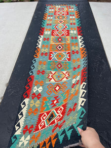 2x10~3x10 (90x335) Handmade Afghan Kilim Runner Rug | Teal Olive Burnt Orange Turquoise Denim Blue Brick Red Mint Green Ivory Geometric Wool