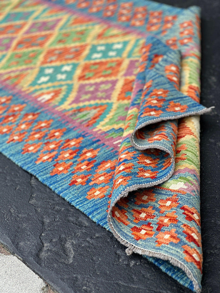 3x10 (90x335) Handmade Afghan Kilim Runner Rug | Olive Purple Burnt Orange Turquoise Denim Blue Mustard Yellow Ivory | Geometric Wool