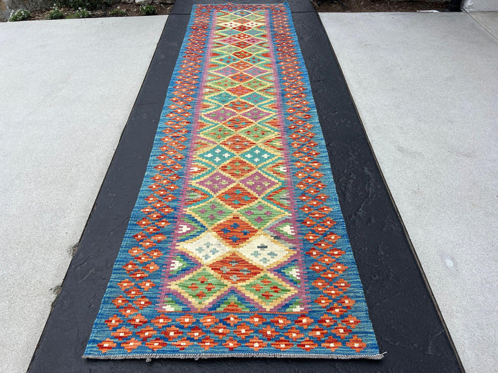 3x10 (90x335) Handmade Afghan Kilim Runner Rug | Olive Purple Burnt Orange Turquoise Denim Blue Mustard Yellow Ivory | Geometric Wool