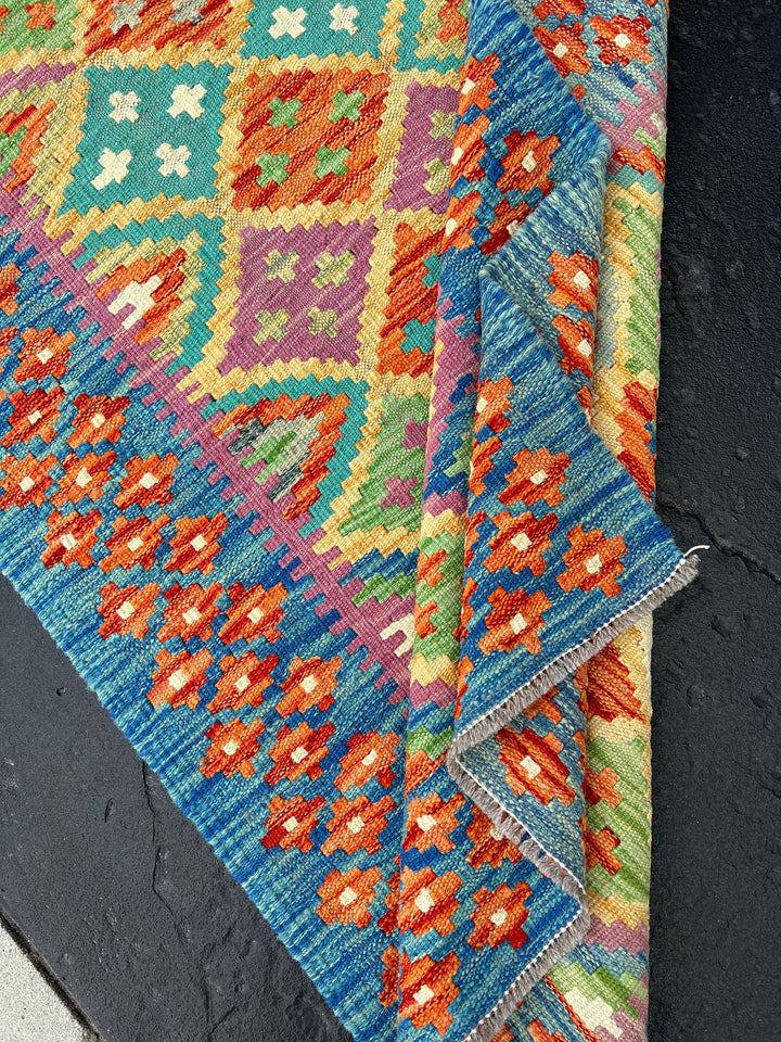 3x10 (90x335) Handmade Afghan Kilim Runner Rug | Olive Purple Burnt Orange Turquoise Denim Blue Mustard Yellow Ivory | Geometric Wool