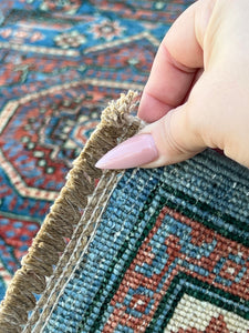 4x6 (120x215) Handmade Afghan Rug | Denim Blue Brick Red Sky Blue Ivory Pine Green  | Hand Knotted Flatweave Mamluk Wool Boho Oushak Persian